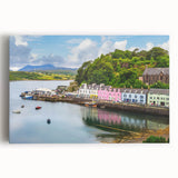 Stretched canvas wall art showcasing a serene harbor landscape with vibrant colors and intricate details, perfect for home decor and enhancing interior spaces.
