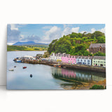 Stretched canvas artwork depicting a serene harbor landscape, featuring vibrant blue waters, lush greenery, and a soft sunset glow, perfect for home decor.