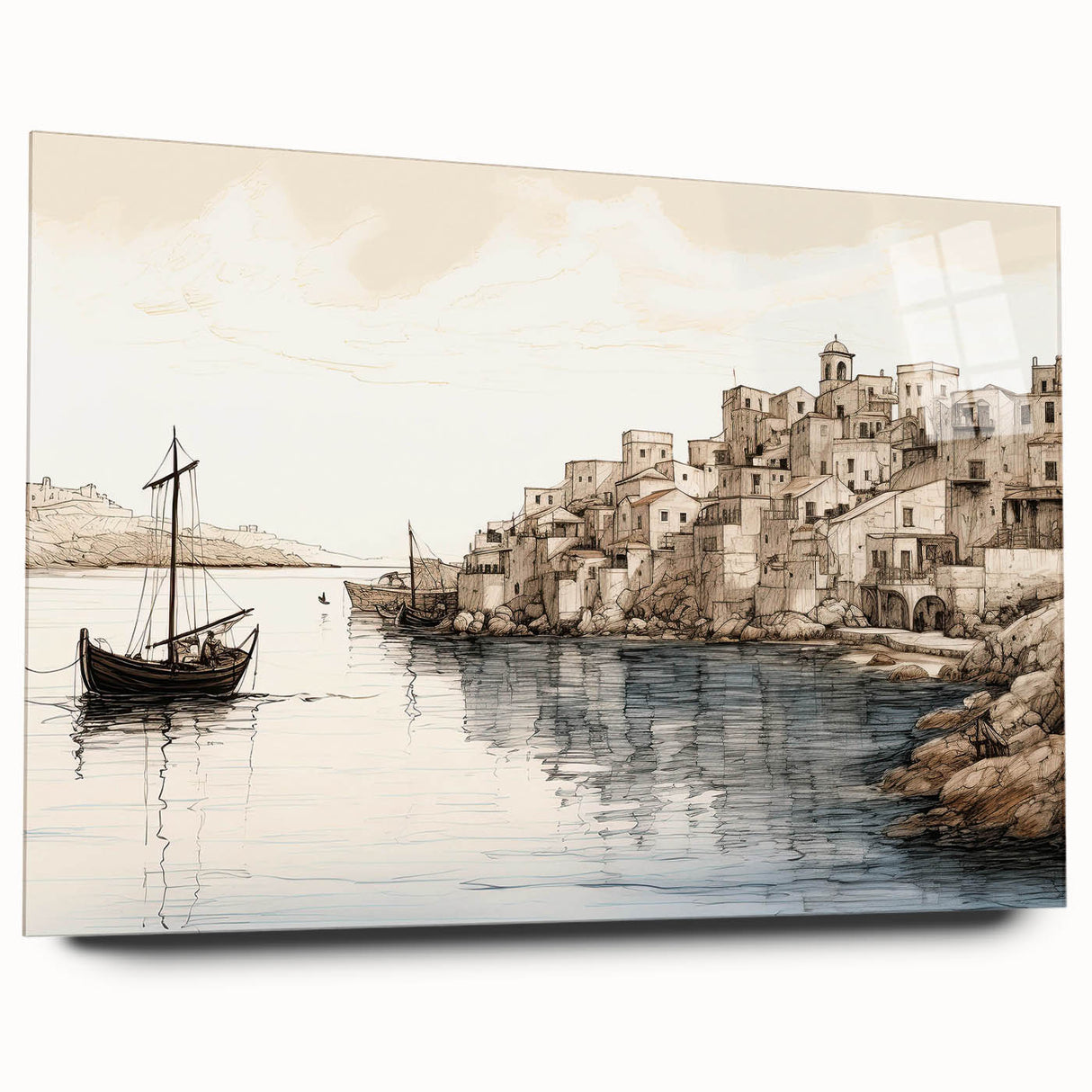 Acrylic glass wall art collection showcasing a vibrant harbor landscape design in a side view, featuring vivid colors and intricate details, perfect for home decor.