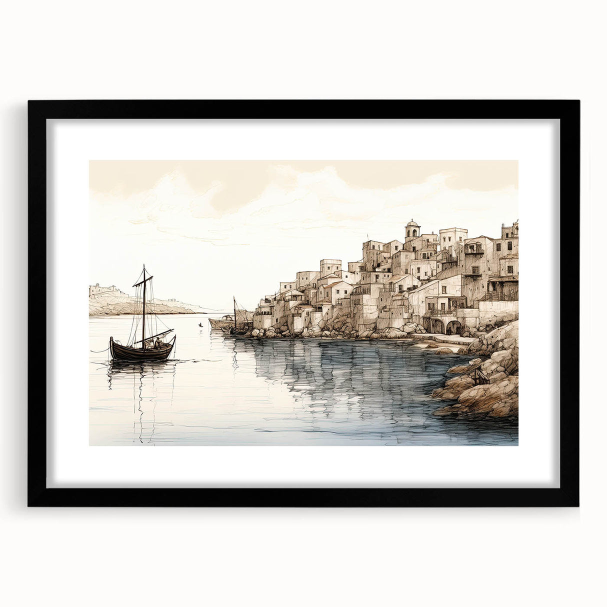 Framed wall art collection showcasing a serene harbor landscape design with a black mat, ideal for enhancing modern home decor. The elegant framing adds depth and sophistication, making it a perfect focal point for any room.