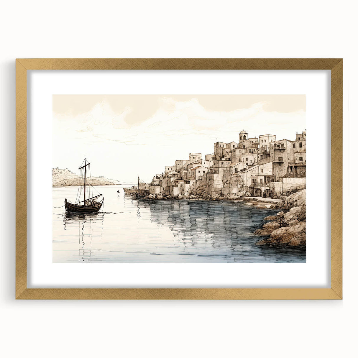 Framed wall art featuring a serene harbor landscape design, highlighted by a gold mat and elegant frame, perfect for enhancing modern home decor.