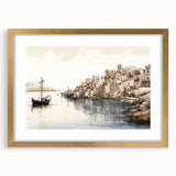 Framed wall art featuring a serene harbor landscape design, highlighted by a gold mat and elegant frame, perfect for enhancing modern home decor.