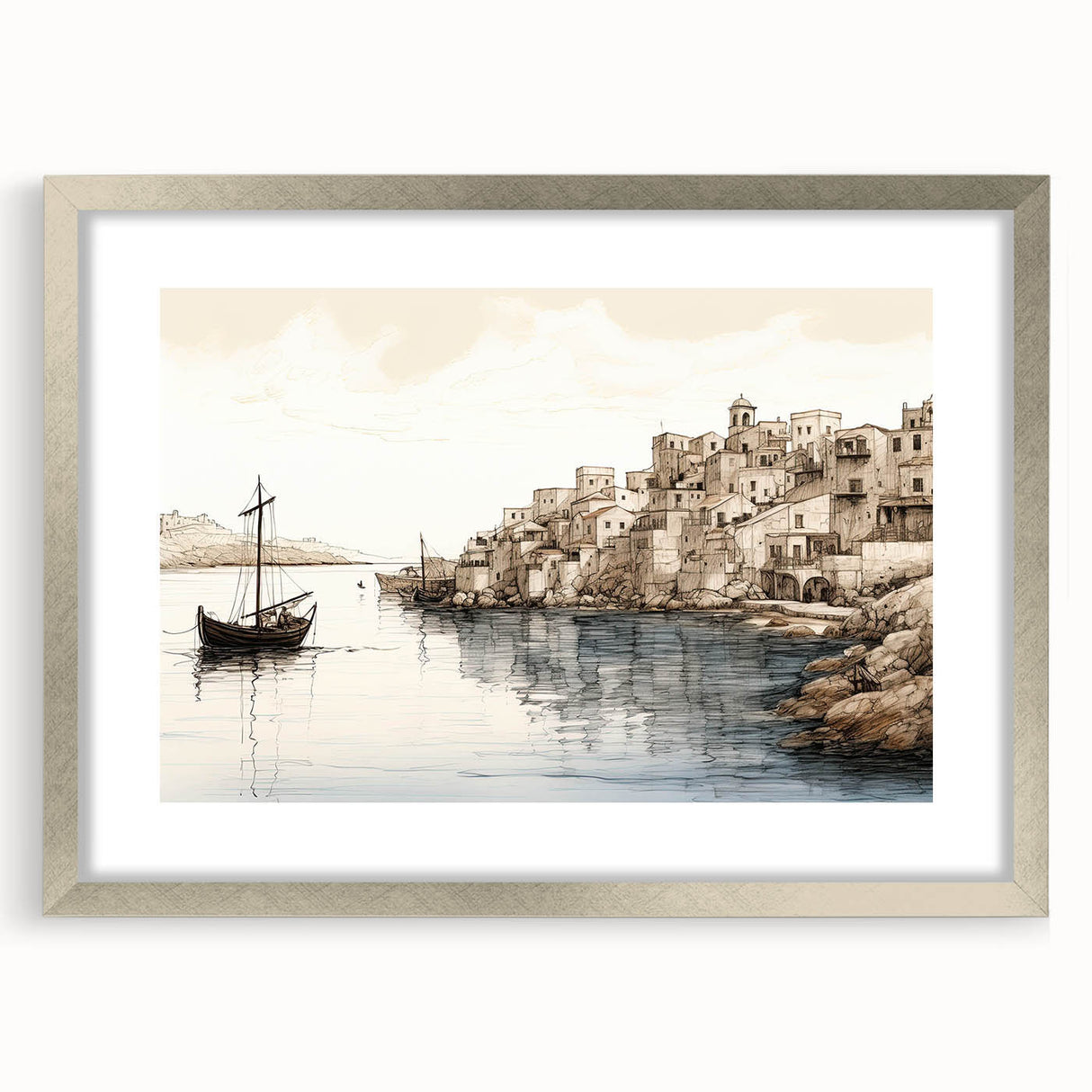Framed wall art featuring a serene harbor landscape design, showcasing calming blue and green tones, set in a sleek silver frame with a mat for added elegance.