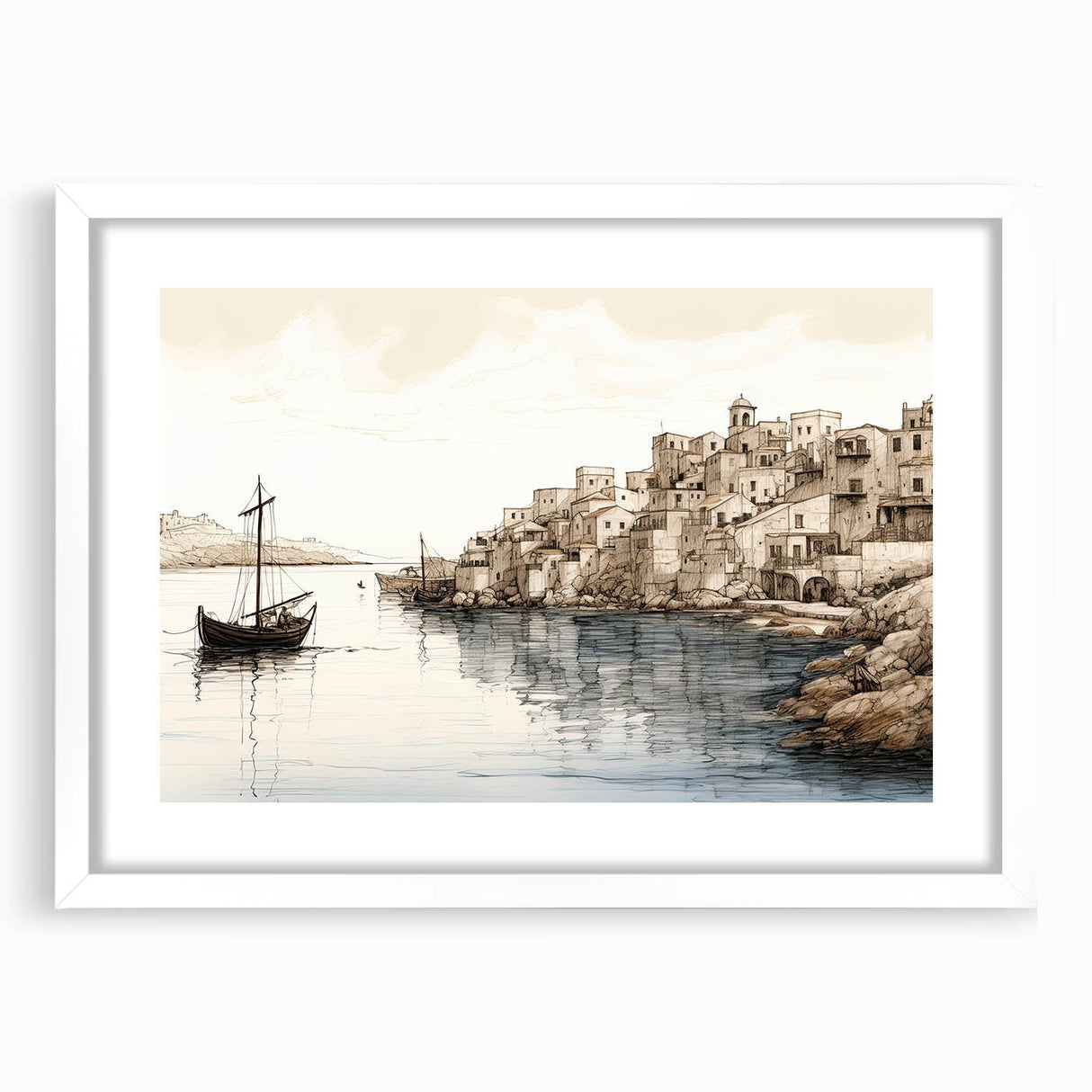 Framed wall art featuring a serene harbor landscape design with a white mat, perfect for enhancing coastal-themed interiors. The artwork showcases soft blue waters and gentle clouds, ideal for home decor enthusiasts.