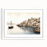 Framed wall art featuring a serene harbor landscape design with a white mat, perfect for enhancing coastal-themed interiors. The artwork showcases soft blue waters and gentle clouds, ideal for home decor enthusiasts.