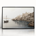 Framed acrylic wall art showcasing a serene harbor landscape design with vibrant colors, black frame, and modern aesthetic, perfect for home decor.