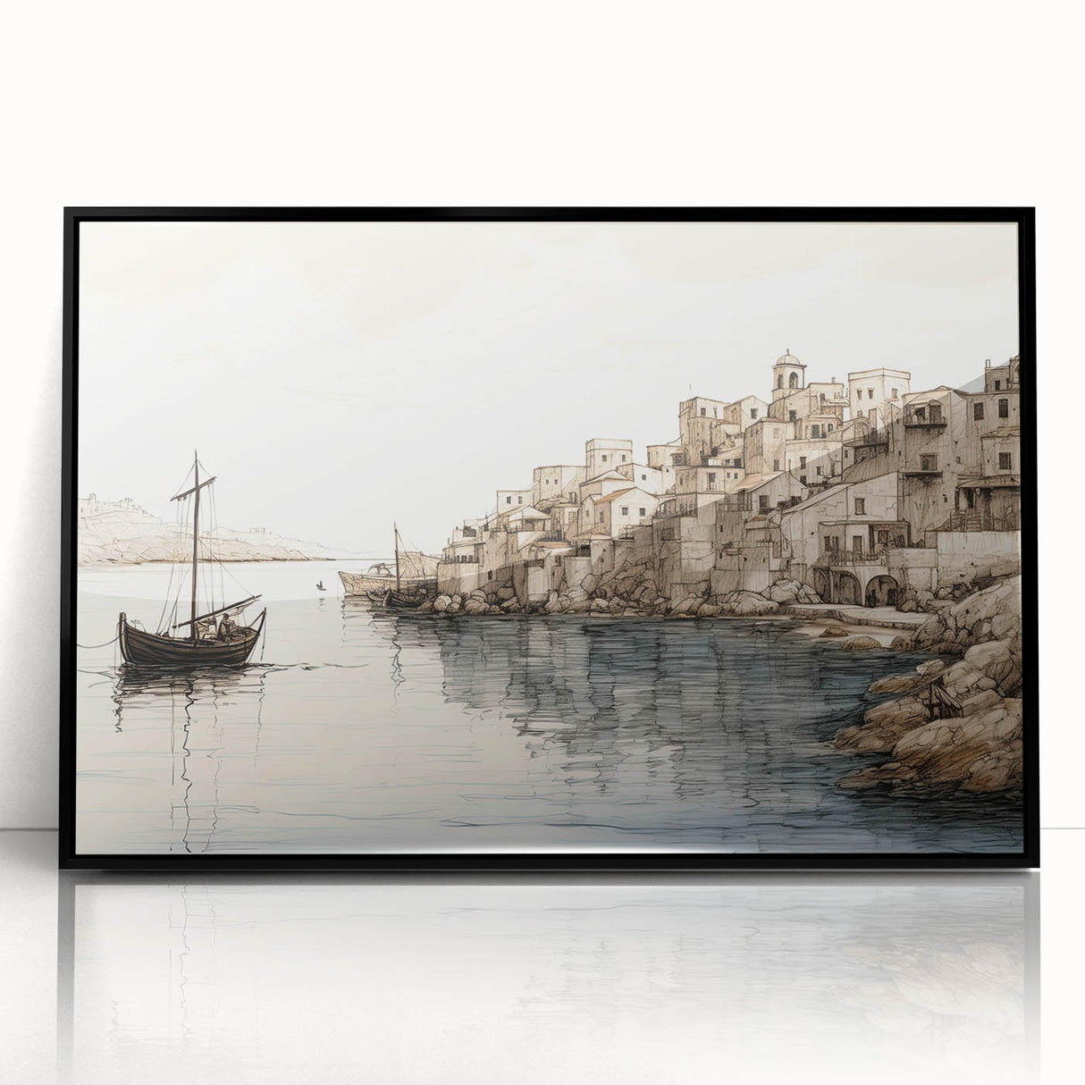 Framed acrylic wall art showcasing a serene harbor landscape design with vibrant colors, black frame, and modern aesthetic, perfect for home decor.