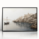 Framed acrylic wall art showcasing a serene harbor landscape design with vibrant colors, black frame, and modern aesthetic, perfect for home decor.