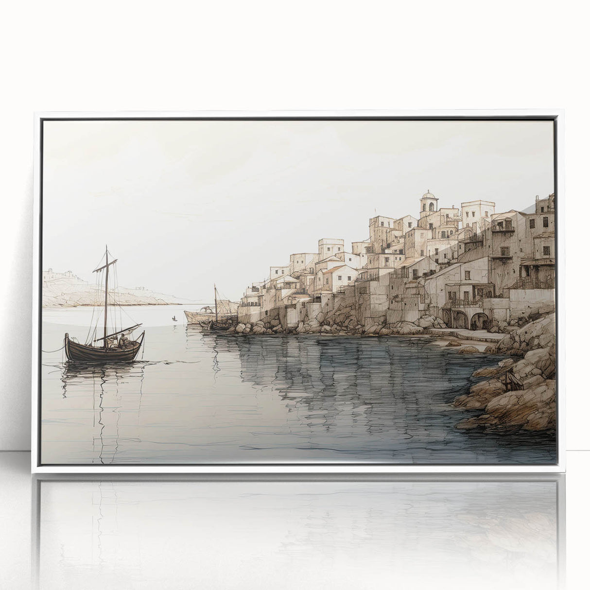 Framed acrylic wall art showcasing a serene harbor landscape with vibrant colors, designed to enhance modern home decor. The artwork features a white frame, perfect for stylish interiors.