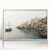 Framed acrylic wall art showcasing a serene harbor landscape with vibrant colors, designed to enhance modern home decor. The artwork features a white frame, perfect for stylish interiors.