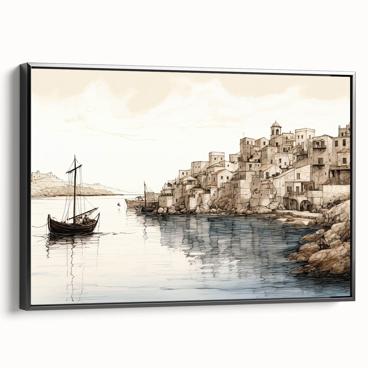 Framed canvas wall art showcasing a serene harbor landscape with vibrant colors and intricate details, viewed from the side, perfect for home decor.