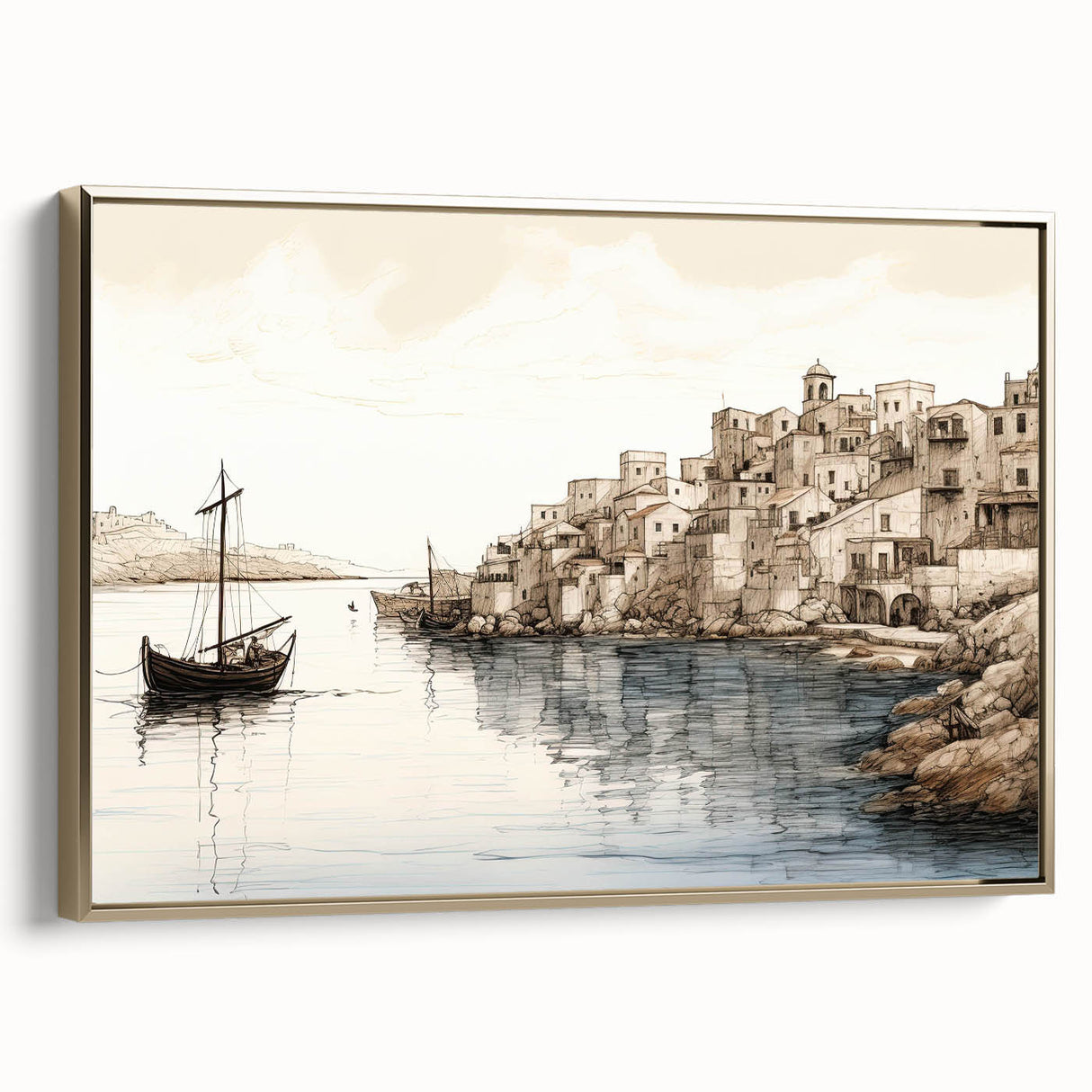 Framed canvas wall art showcasing a serene harbor landscape with gold accents, perfect for modern home decor. Side view highlights its elegant design and structure.