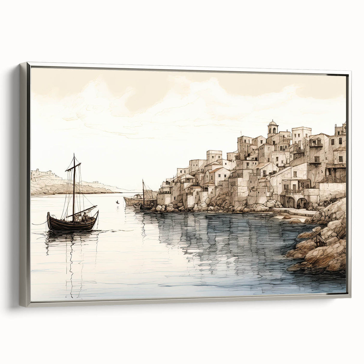 Framed canvas wall art showcasing a serene harbor landscape design with silver accents, offering a modern touch to home decor. Ideal for living rooms or offices.