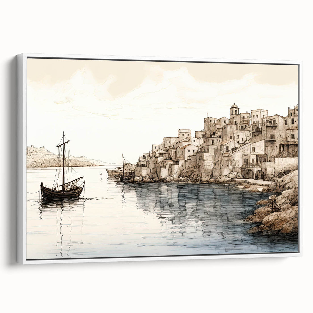 Framed canvas wall art showcasing a serene harbor landscape design, featuring calming blues and greens, displayed in a white frame, perfect for home decor.