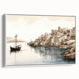 Framed canvas wall art showcasing a serene harbor landscape design, featuring calming blues and greens, displayed in a white frame, perfect for home decor.