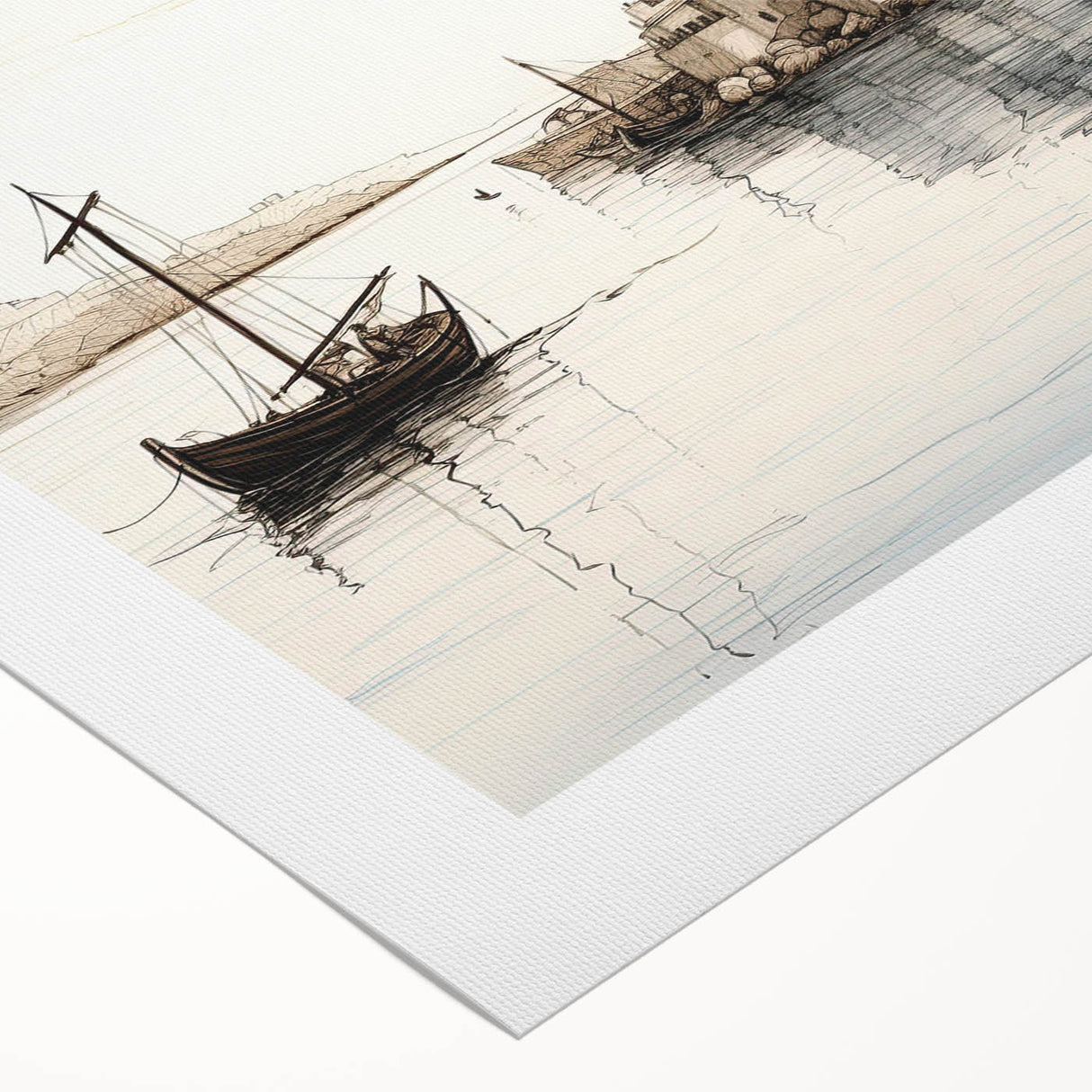 Rolled canvas artwork showcasing a vibrant harbor landscape design, featuring rich blues and greens, ideal for interior decoration and art enthusiasts.