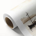 Vibrant rolled canvas artwork depicting a serene harbor landscape with colorful boats, ideal for home decor, showcasing intricate details and textures.