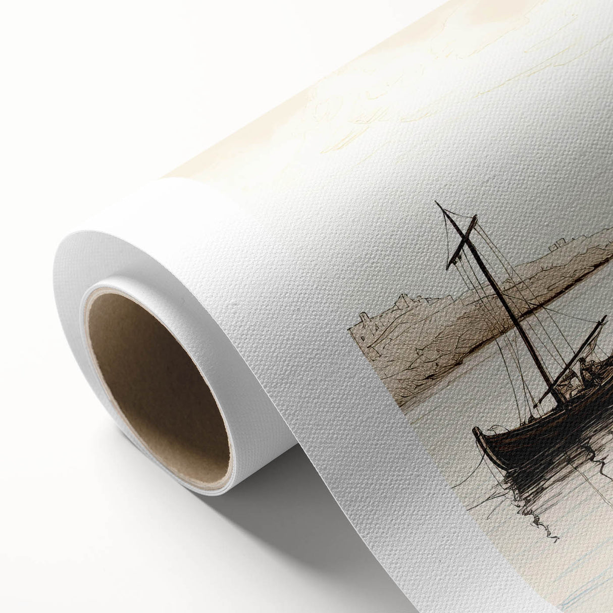 Vibrant rolled canvas artwork depicting a serene harbor landscape with colorful boats, ideal for home decor, showcasing intricate details and textures.