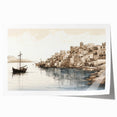 Vibrant rolled canvas print showcasing a serene harbor landscape with calming blues and greens, perfect for enhancing home decor or office spaces.