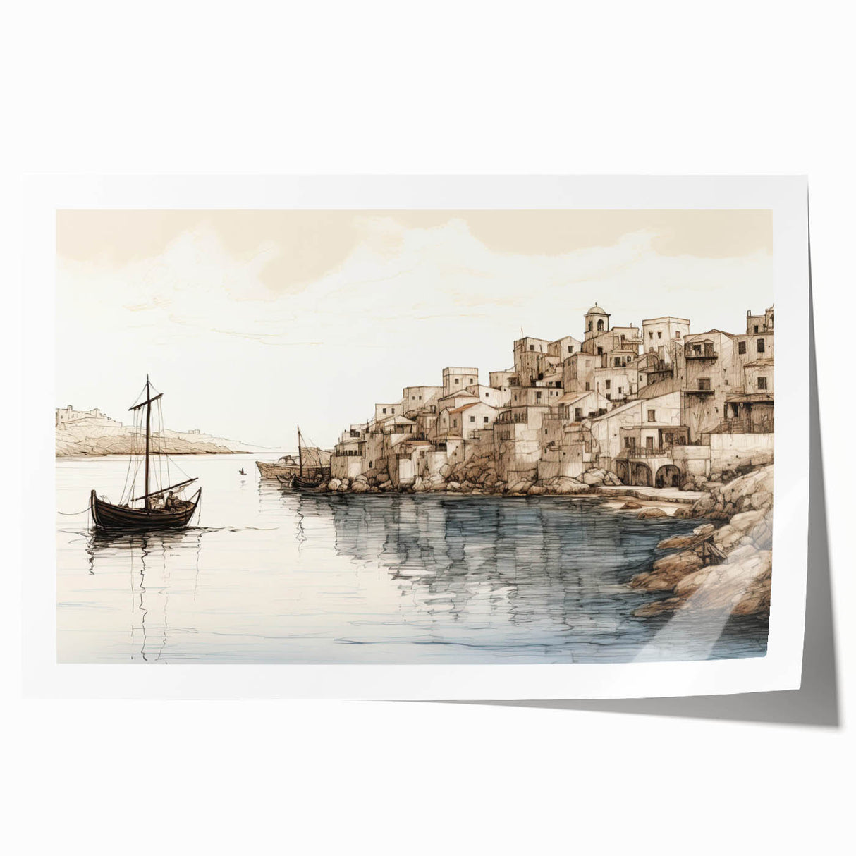 Vibrant rolled canvas print showcasing a serene harbor landscape with calming blues and greens, perfect for enhancing home decor or office spaces.