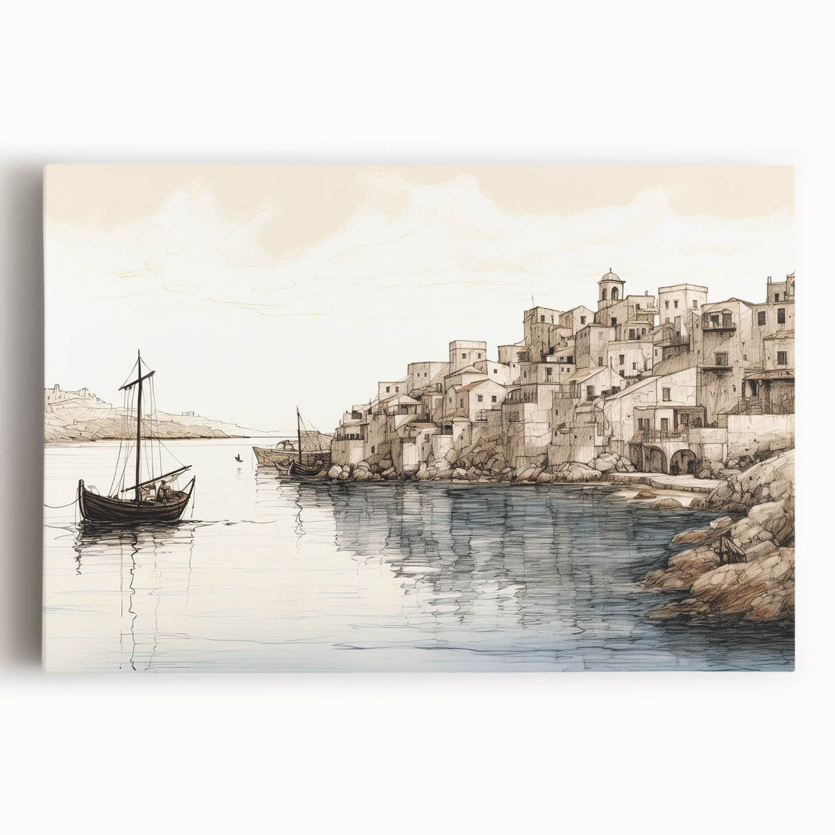 Stretched canvas wall art showcasing a serene harbor landscape with vibrant colors and intricate details, ideal for enhancing home decor and creating a tranquil ambiance. Perfect for art enthusiasts and coastal decor lovers.