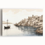 Stretched canvas wall art showcasing a serene harbor landscape with vibrant colors and intricate details, ideal for enhancing home decor and creating a tranquil ambiance. Perfect for art enthusiasts and coastal decor lovers.