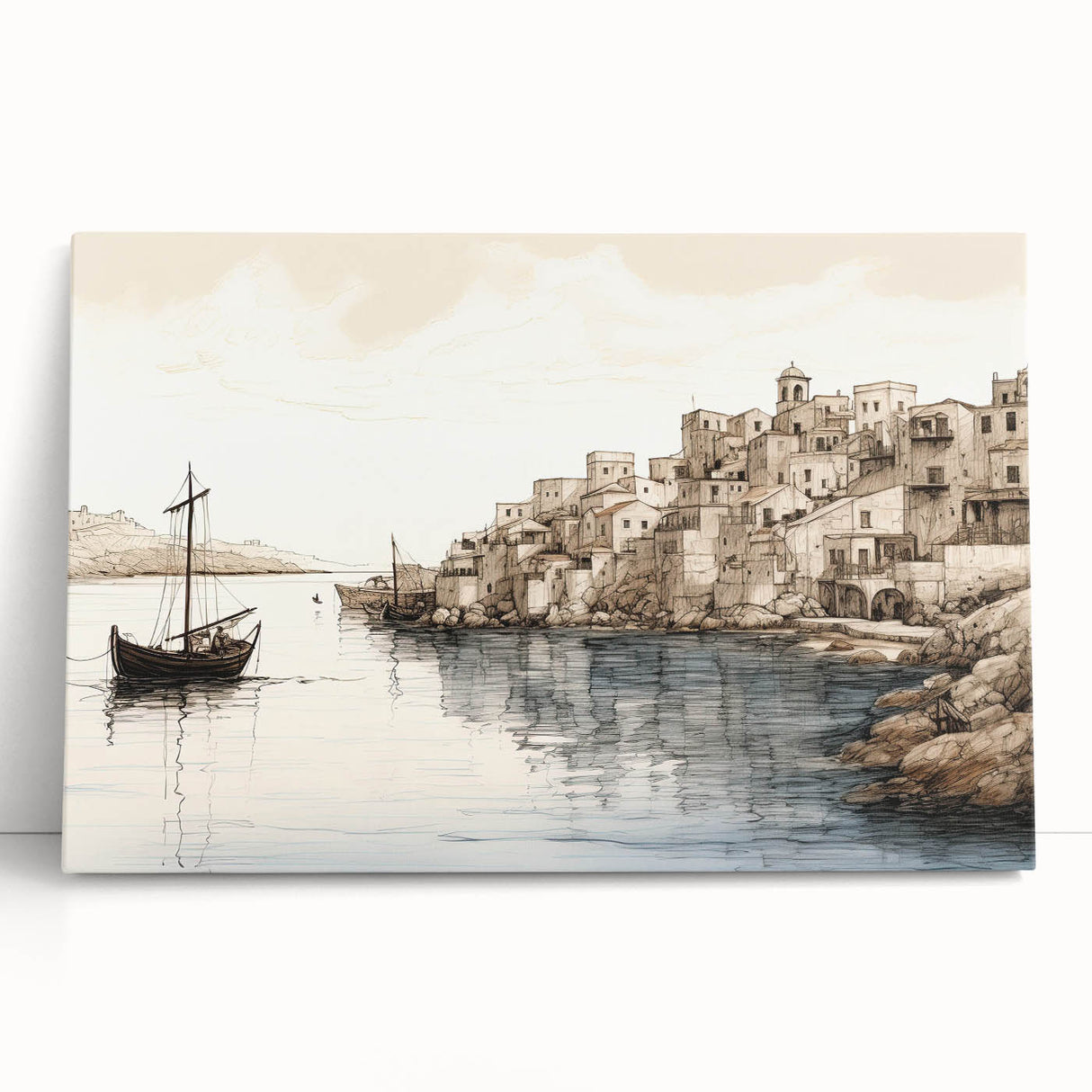 Stretched canvas wall art showcasing a serene harbor landscape, featuring vibrant blues and greens, elegantly leaning against a wooden wall for a modern decor touch.