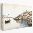 Stretched canvas wall art showcasing a serene harbor landscape with vibrant colors, perfect for home decor. Ideal for nature lovers and art enthusiasts.