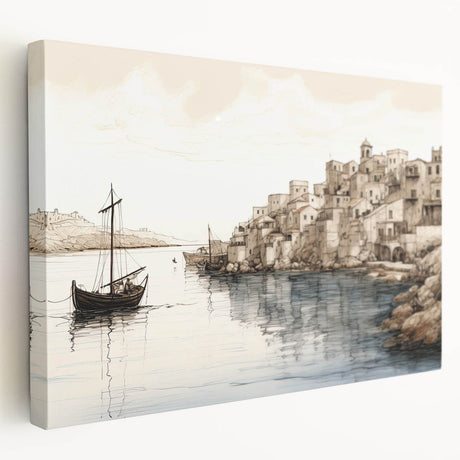 Stretched canvas wall art showcasing a serene harbor landscape with vibrant colors, perfect for home decor. Ideal for nature lovers and art enthusiasts.