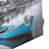 Close-up of a vibrant acrylic glass wall art piece depicting a serene harbor landscape, showcasing rich colors and intricate details, perfect for modern decor.