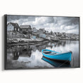 Framed canvas wall art showcasing a serene harbor landscape design with vibrant colors, presented from a black side view, ideal for home decor accents.