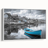 Framed canvas wall art showcasing a serene coastal harbor landscape in soft pastel colors, ideal for enhancing modern home decor.