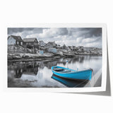 Rolled canvas print showcasing a serene harbor landscape design with gentle waves and soft pastel colors, elegantly packaged in a protective cardboard tube.