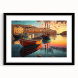 Framed wall art featuring a serene harbor landscape design in a sleek black frame with a white mat, perfect for home decor or office spaces.