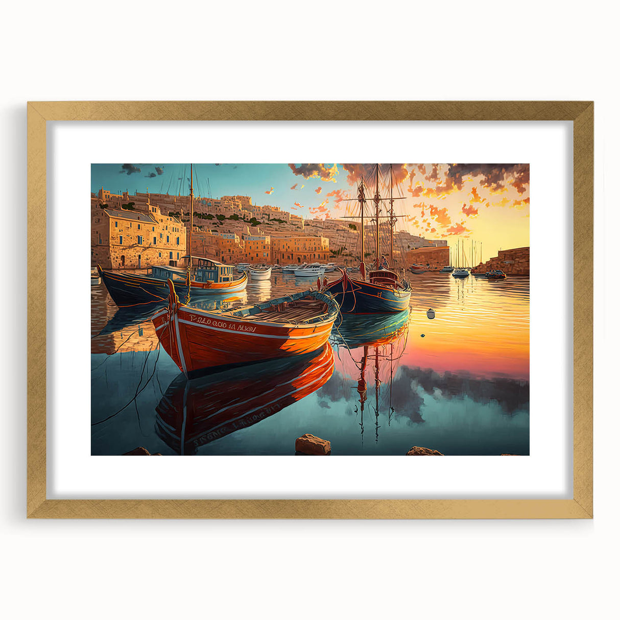 Elegant gold-framed wall art showcasing a serene harbor landscape design, featuring a mat for added depth and sophistication, ideal for stylish home decor.