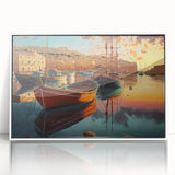 Framed acrylic wall art depicting a serene harbor landscape, featuring soft blue waters and a clear sky, designed for modern home decor. Ideal for enhancing interior aesthetics.