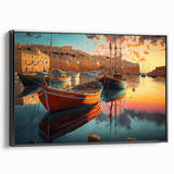 Framed canvas wall art showcasing a serene harbor landscape design, featuring soothing blues and greens, presented in a sleek black frame, ideal for home decor.