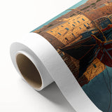 Rolled canvas artwork depicting a serene harbor landscape design, showcasing vibrant colors and intricate details, packaged securely in a protective cardboard tube.