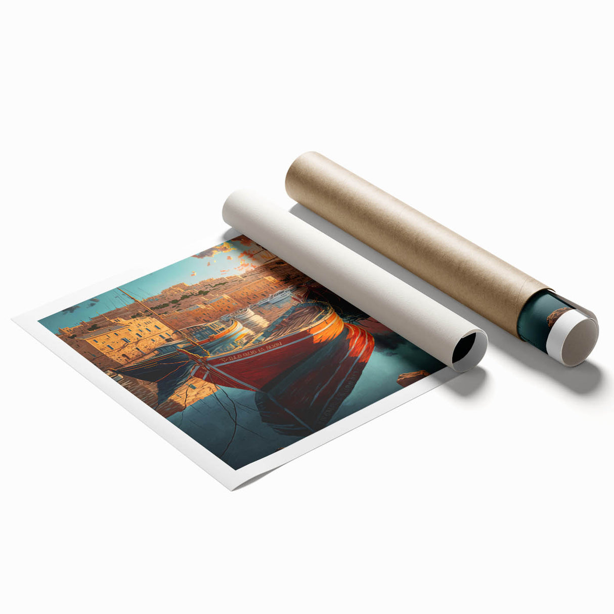 Rolled print of a serene harbor landscape showcasing tranquil waters, vibrant sky, and lush greenery, ideal for home decor or office art.