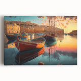 Stretched canvas wall art showcasing a serene harbor landscape with vibrant colors, perfect for home decor, adding a tranquil touch to any room.