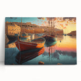 Stretched canvas artwork showcasing a serene harbor landscape with soft pastel colors, perfect for adding a calming touch to modern home decor.