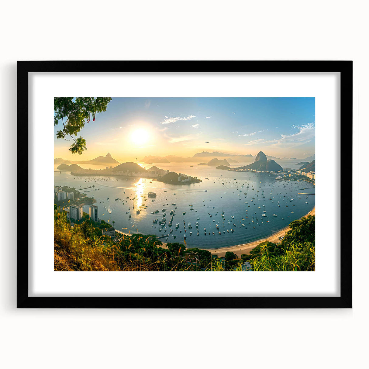 Framed black wall art featuring a serene harbor landscape design, showcasing calming blues and greens, perfect for modern home decor.