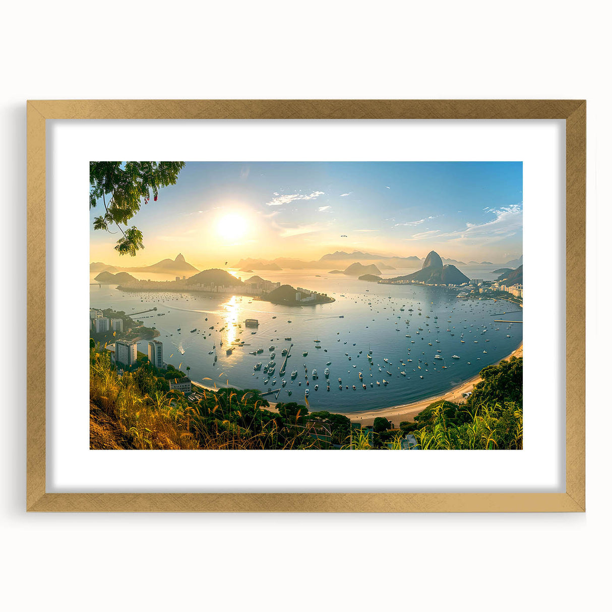 Elegant gold-framed wall art showcasing a serene harbor landscape, complete with a mat, perfect for enhancing home decor in contemporary spaces. Ideal for art enthusiasts.