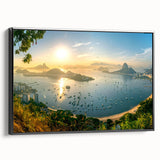 Framed canvas wall art featuring a serene harbor landscape design, showcasing tranquil waters and lush greenery, with a sleek black frame enhancing its elegance. Ideal for home decor enthusiasts seeking a coastal vibe.