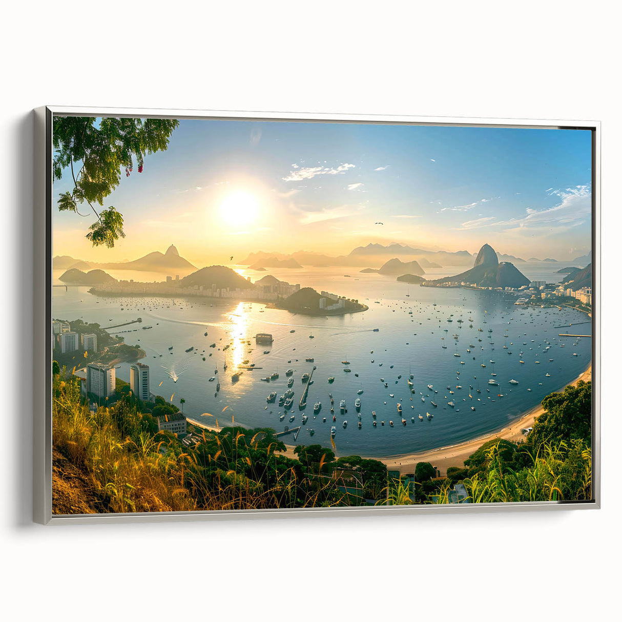 Framed canvas wall art from the Landscapes Harbor Design 16 collection, showcasing a serene harbor scene with silver accents, perfect for modern decor.
