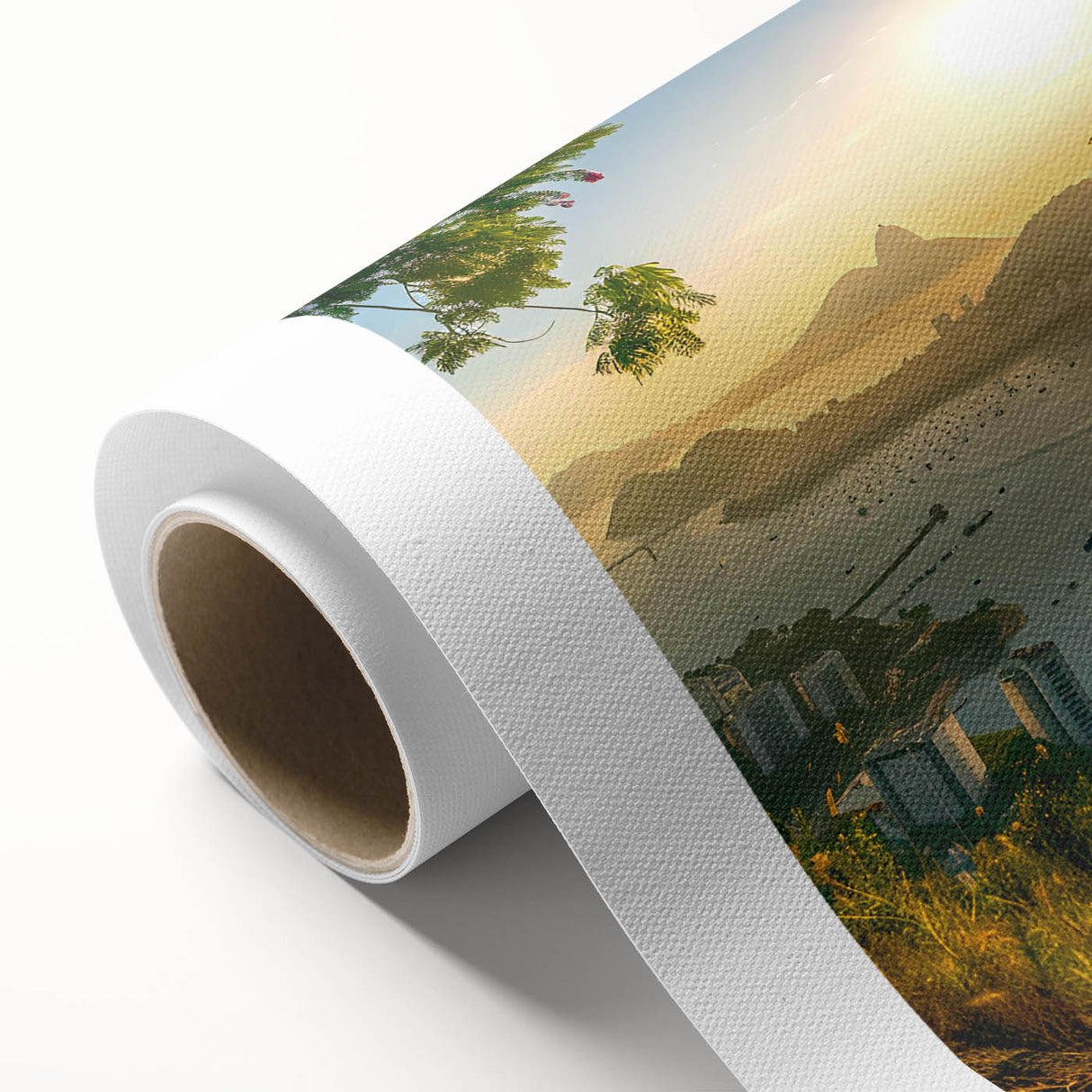 Tranquil harbor landscape wall art on rolled canvas, showcasing serene blue waters and lush greenery, perfect for enhancing home decor and creating a calming atmosphere.
