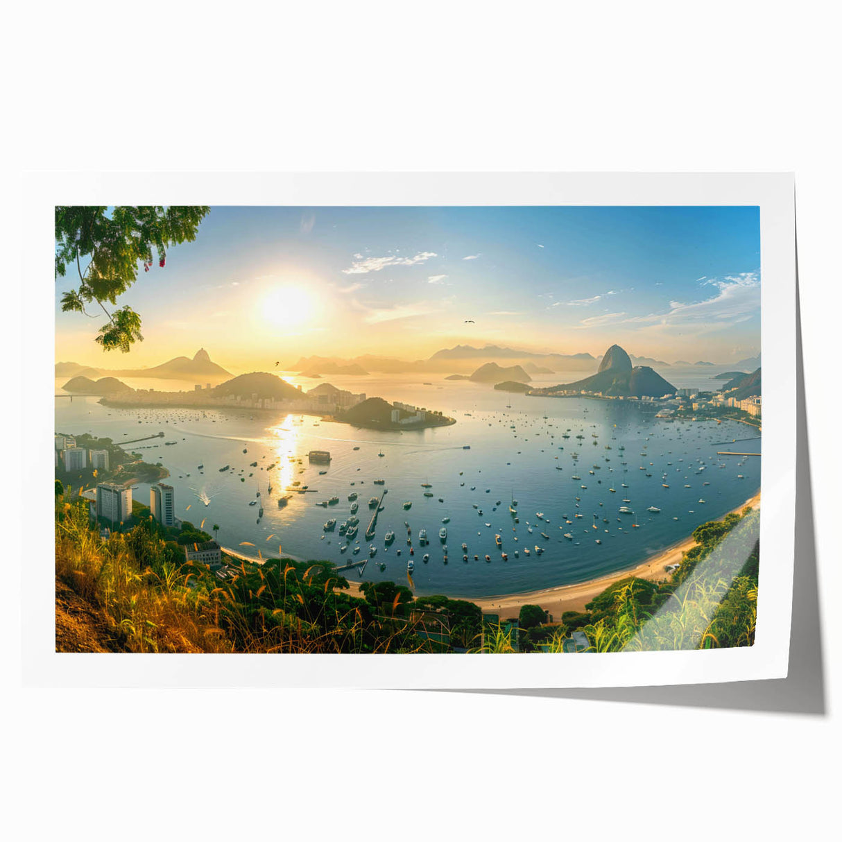 Rolled print of a serene harbor landscape wall art design featuring soft blues and greens, showcasing tranquil water reflections and lush greenery, perfect for home decor.