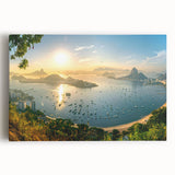 Stretched canvas wall art showcasing a serene harbor landscape design, featuring vibrant blues and greens, perfect for enhancing home decor.