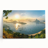 Stretched canvas wall art showcasing a serene coastal harbor landscape, featuring vibrant blues and greens, perfect for adding tranquility to home decor.