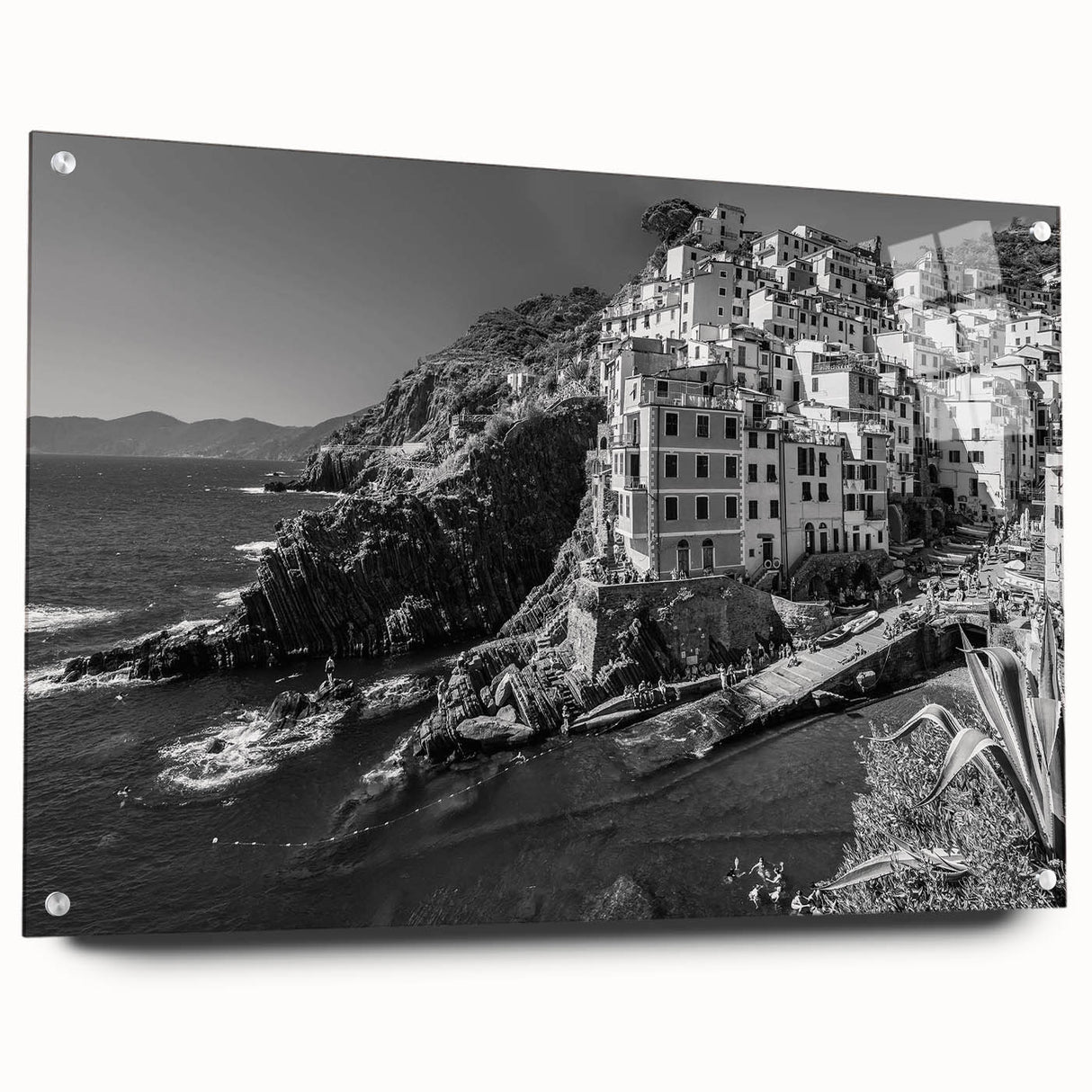 Acrylic-glass wall art collection showcasing a vibrant harbor landscape design with a side view, featuring decorative pins for easy display. Perfect for enhancing modern home decor with coastal charm.